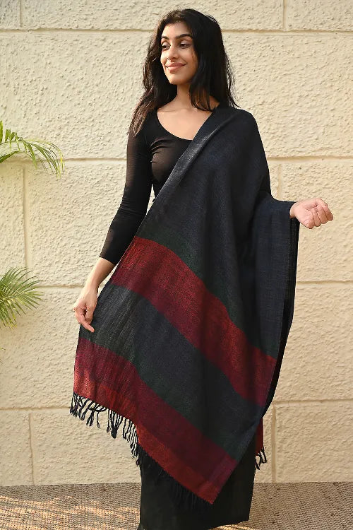 The ICH Fine, Soft Himachal Wool Self Striped Stole - Grey Dusk