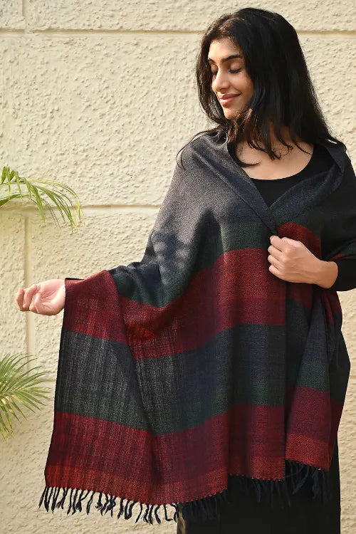 The ICH Fine, Soft Himachal Wool Self Striped Stole - Grey Dusk