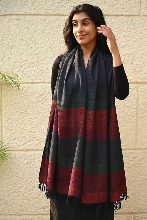 The ICH Fine, Soft Himachal Wool Self Striped Stole - Grey Dusk