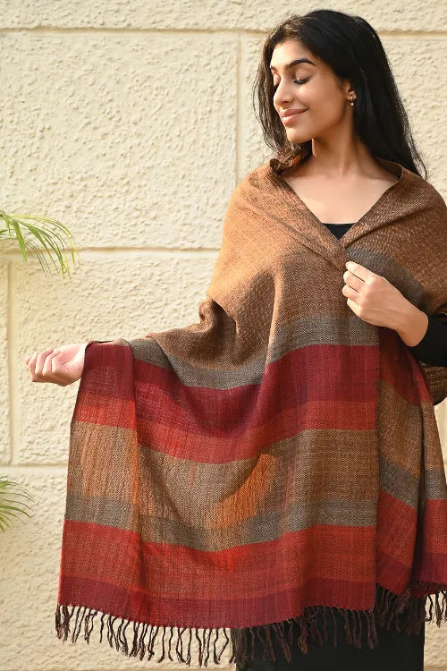 The ICH Fine, Soft Himachal Wool Self Striped Stole - Sandalwood Grove