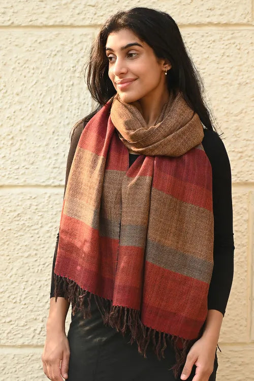 The ICH Fine, Soft Himachal Wool Self Striped Stole - Sandalwood Grove
