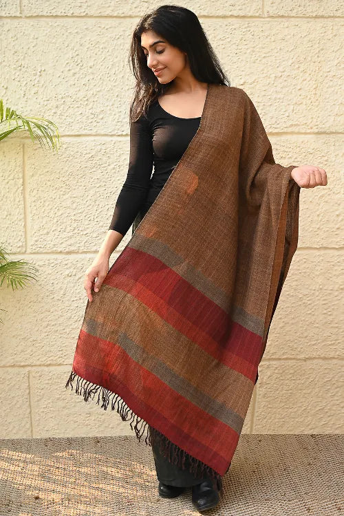 The ICH Fine, Soft Himachal Wool Self Striped Stole - Sandalwood Grove