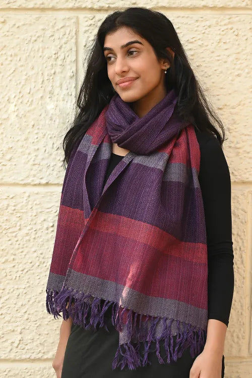 The ICH Fine, Soft Himachal Wool Self Striped Stole - Sakura Sky