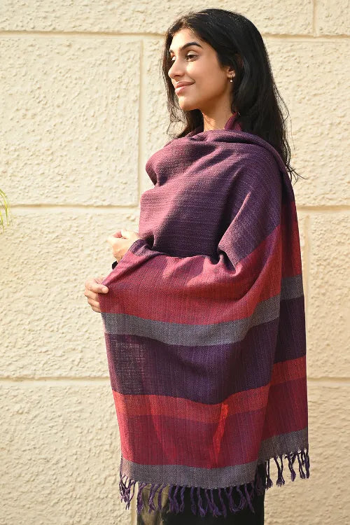 The ICH Fine, Soft Himachal Wool Self Striped Stole - Sakura Sky