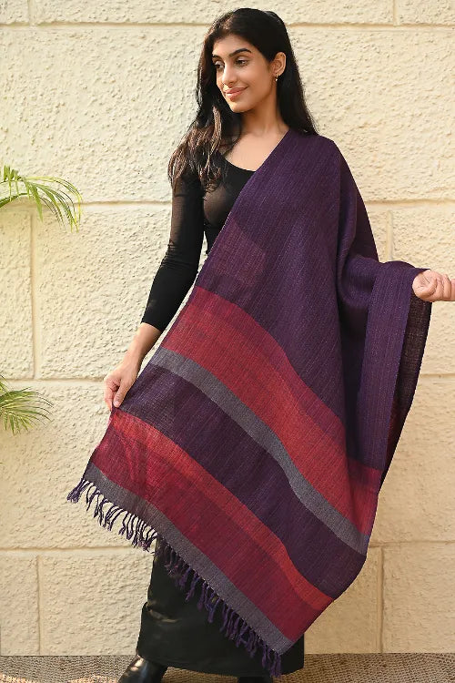 The ICH Fine, Soft Himachal Wool Self Striped Stole - Sakura Sky