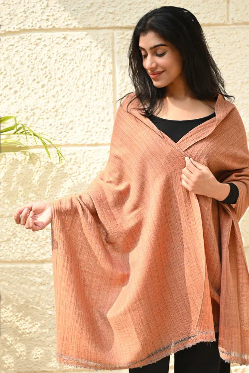 The ICH Fine, Soft Himachal Wool Self Striped Plain Stole - Peach Plain