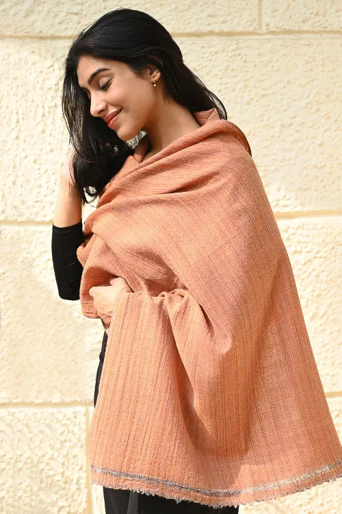 The ICH Fine, Soft Himachal Wool Self Striped Plain Stole - Peach Plain