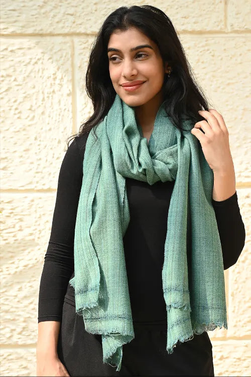 The ICH Fine, Soft Himachal Wool Self Striped Plain Stole - Sea Green