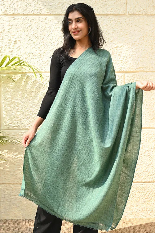 The ICH Fine, Soft Himachal Wool Self Striped Plain Stole - Sea Green