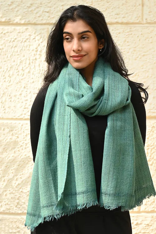 The ICH Fine, Soft Himachal Wool Self Striped Plain Stole - Turquoise Plain