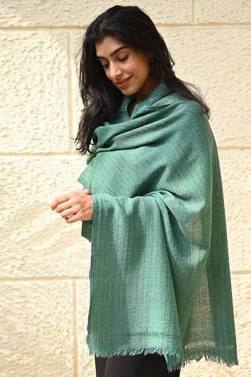 The ICH Fine, Soft Himachal Wool Self Striped Plain Stole - Turquoise Plain