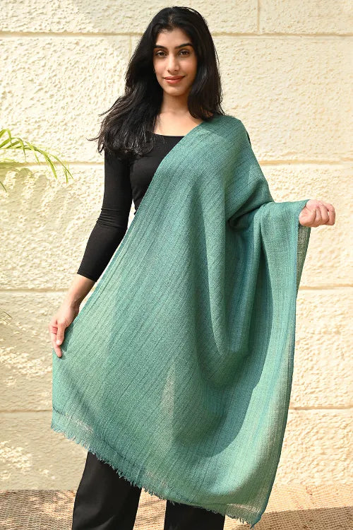 The ICH Fine, Soft Himachal Wool Self Striped Plain Stole - Turquoise Plain