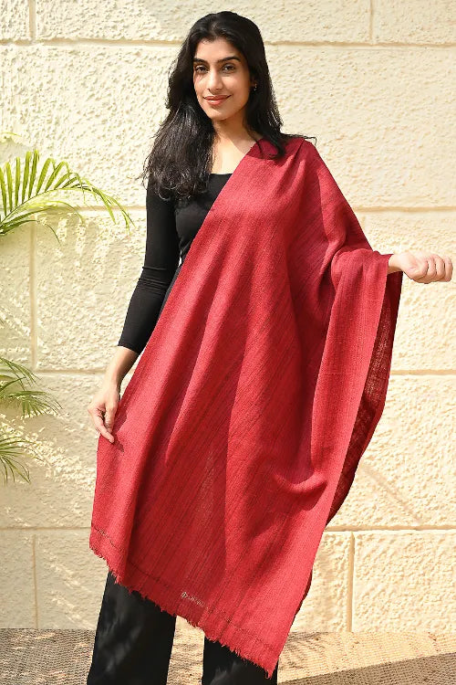 The ICH Fine, Soft Himachal Wool Self Striped Plain Stole - Crimson Grove