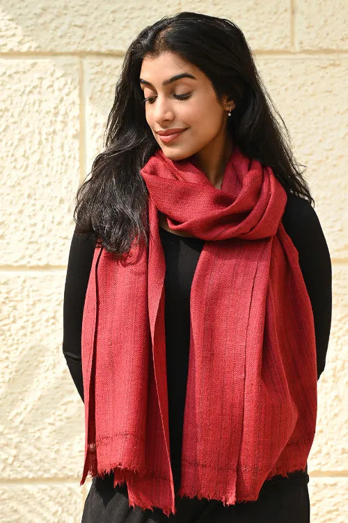 The ICH Fine, Soft Himachal Wool Self Striped Plain Stole - Crimson Grove