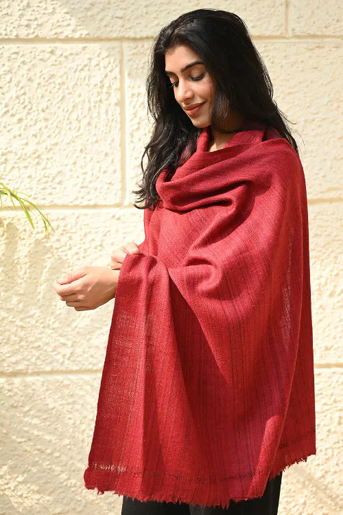 The ICH Fine, Soft Himachal Wool Self Striped Plain Stole - Crimson Grove