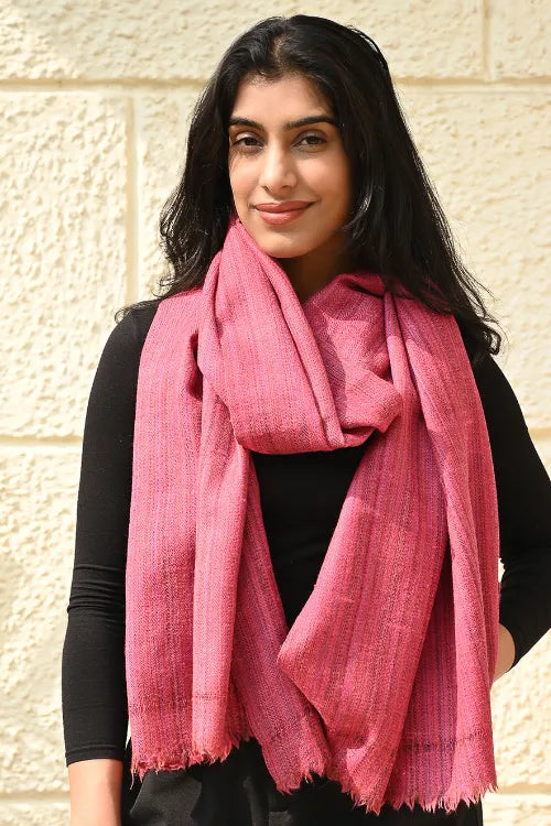 The ICH Fine, Soft Himachal Wool Self Striped Plain Stole - Rosy Stripes