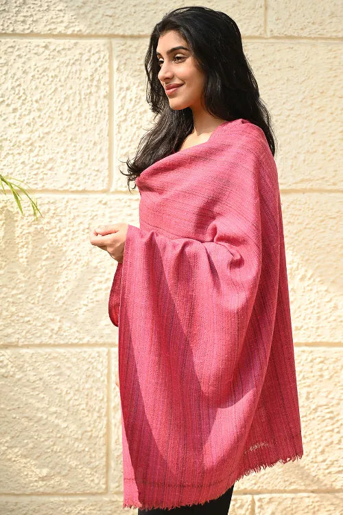 The ICH Fine, Soft Himachal Wool Self Striped Plain Stole - Rosy Stripes