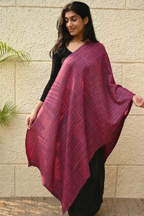 The ICH Fine, Soft Himachal Wool Self Striped Plain Stole - Mulberry Stripes