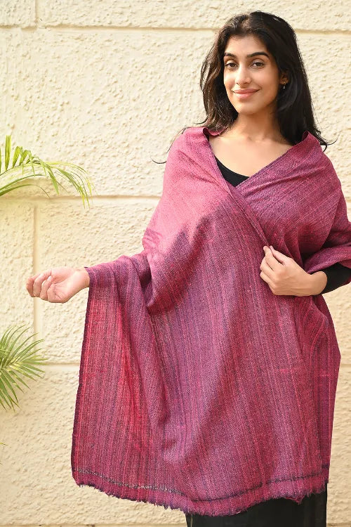 The ICH Fine, Soft Himachal Wool Self Striped Plain Stole - Mulberry Stripes