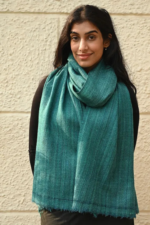 The ICH Fine, Soft Himachal Wool Self Striped Plain Stole - Teal Stripes