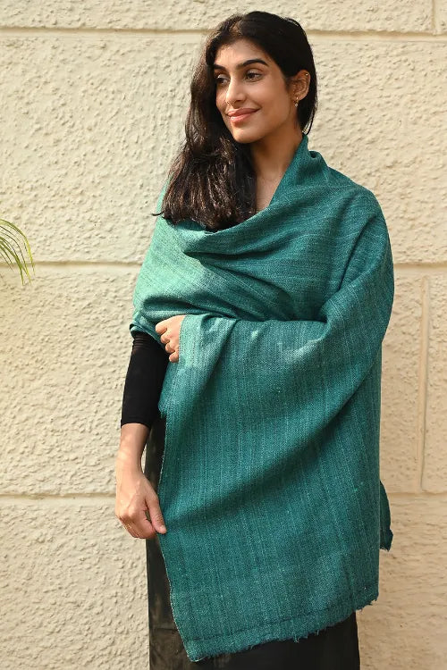 The ICH Fine, Soft Himachal Wool Self Striped Plain Stole - Teal Stripes