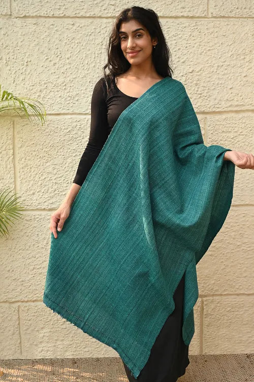 The ICH Fine, Soft Himachal Wool Self Striped Plain Stole - Teal Stripes