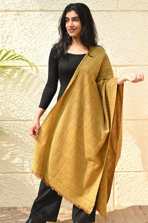 The ICH Fine, Soft Himachal Wool Self Striped Plain Stole - Mustard Farm