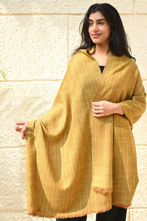The ICH Fine, Soft Himachal Wool Self Striped Plain Stole - Mustard Farm