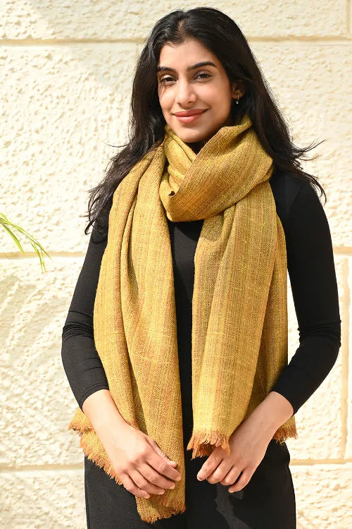 The ICH Fine, Soft Himachal Wool Self Striped Plain Stole - Mustard Farm