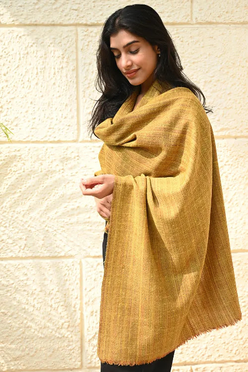 The ICH Fine, Soft Himachal Wool Self Striped Plain Stole - Mustard Farm