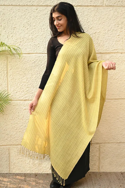 The ICH Fine, Soft Himachal Wool Self Striped Plain Stole - Lemon Rays