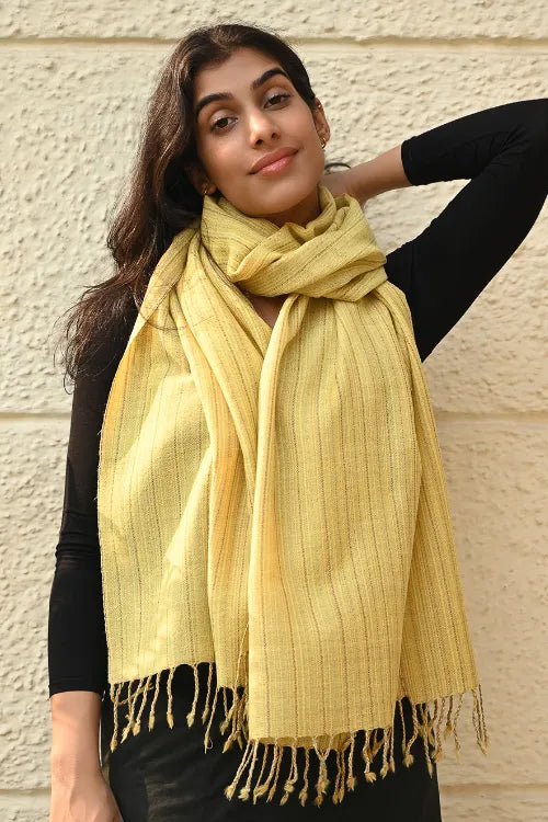The ICH Fine, Soft Himachal Wool Self Striped Plain Stole - Lemon Rays