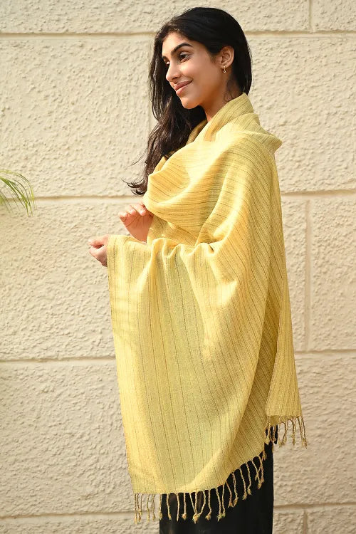 The ICH Fine, Soft Himachal Wool Self Striped Plain Stole - Lemon Rays