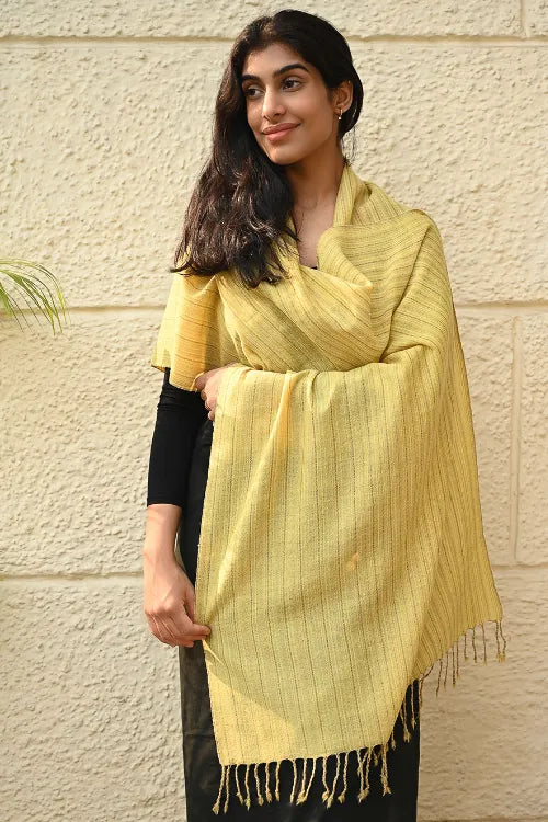 The ICH Fine, Soft Himachal Wool Self Striped Plain Stole - Lemon Rays