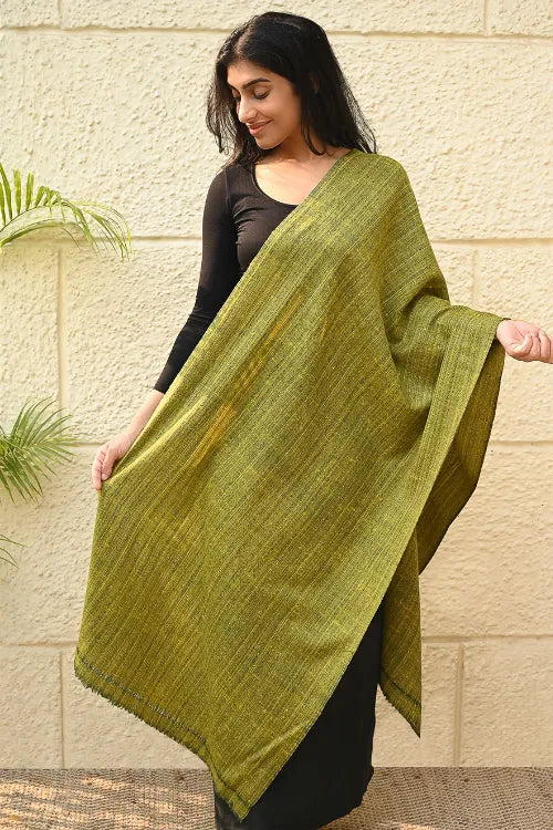 The ICH Fine, Soft Himachal Wool Self Striped Plain Stole - Henna Garden