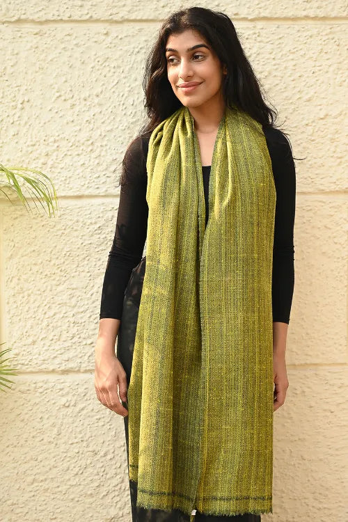 The ICH Fine, Soft Himachal Wool Self Striped Plain Stole - Henna Garden