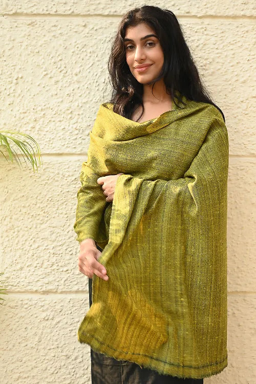 The ICH Fine, Soft Himachal Wool Self Striped Plain Stole - Henna Garden