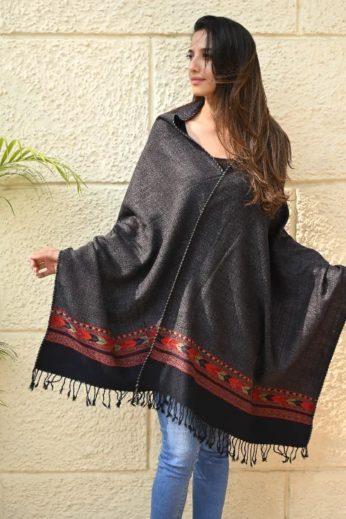 The ICH Exclusive Soft Himachal Wool Stole With Woven Border - Gun Stone
