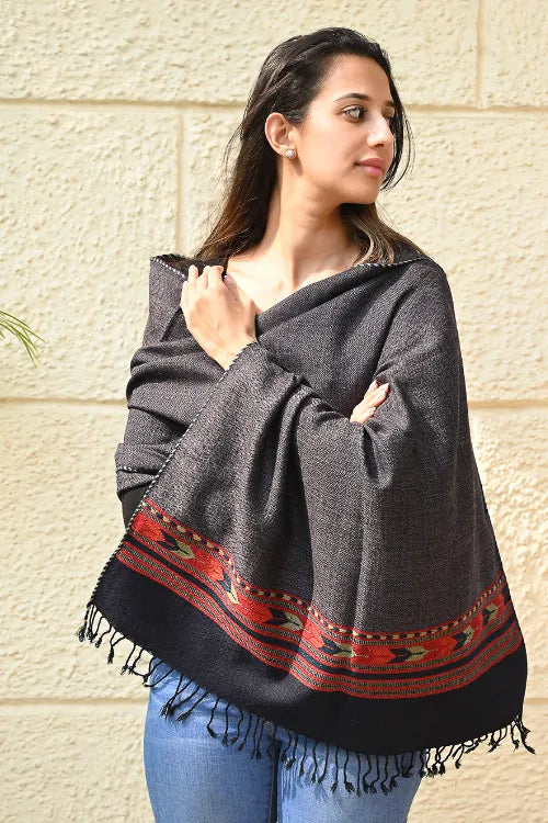 The ICH Exclusive Soft Himachal Wool Stole With Woven Border - Gun Stone