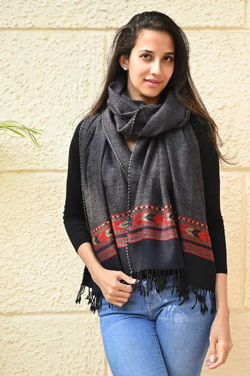 The ICH Exclusive Soft Himachal Wool Stole With Woven Border - Gun Stone