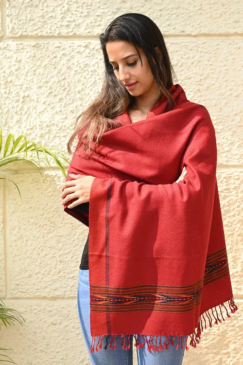 The ICH Exclusive Soft Himachal Wool Stole With Woven Border - Scarlet Trail