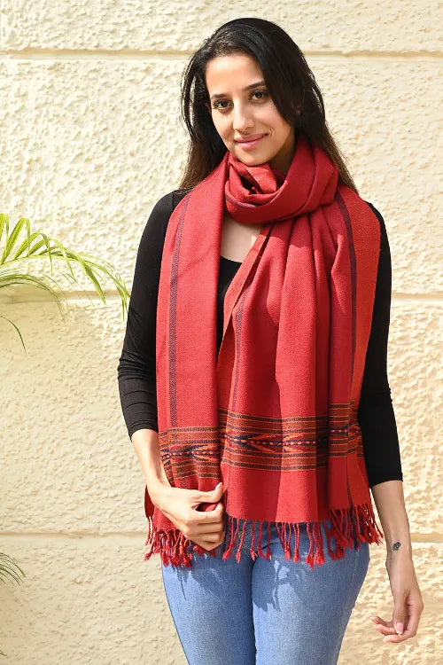 The ICH Exclusive Soft Himachal Wool Stole With Woven Border - Scarlet Trail