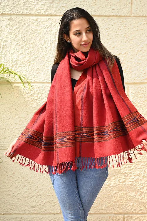 The ICH Exclusive Soft Himachal Wool Stole With Woven Border - Scarlet Trail