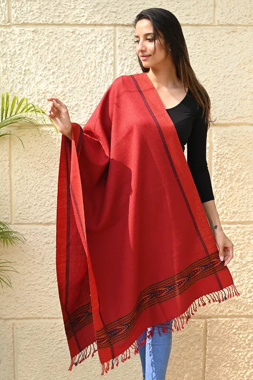 The ICH Exclusive Soft Himachal Wool Stole With Woven Border - Scarlet Trail