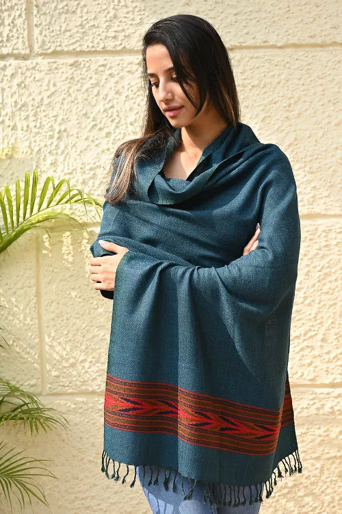 The ICH Exclusive Soft Himachal Wool Stole With Woven Border - Azure Trail