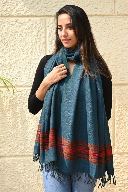 The ICH Exclusive Soft Himachal Wool Stole With Woven Border - Azure Trail
