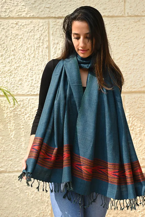 The ICH Exclusive Soft Himachal Wool Stole With Woven Border - Azure Trail