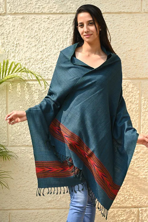 The ICH Exclusive Soft Himachal Wool Stole With Woven Border - Azure Trail