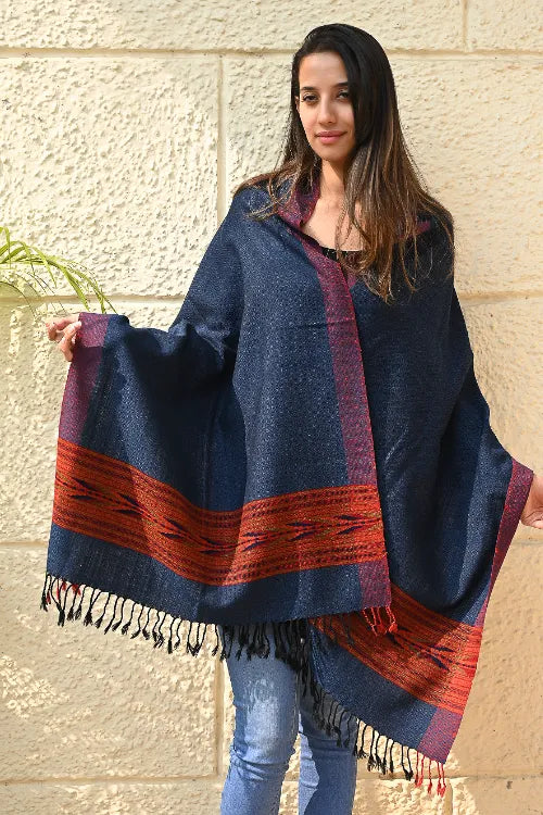 The ICH Exclusive Soft Himachal Wool Stole With Woven Border - Midnight Navy