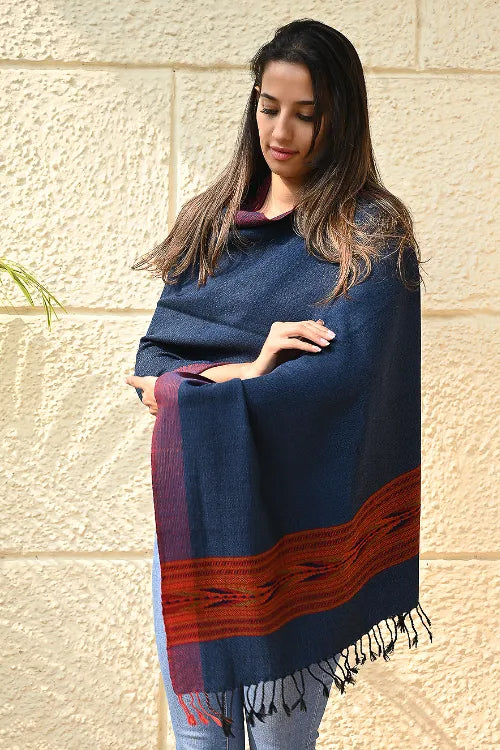 The ICH Exclusive Soft Himachal Wool Stole With Woven Border - Midnight Navy